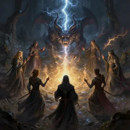 mages in circle summoning an evil beast. lighting, flux. dark fantasy, digital painting, hd, highly detailed.