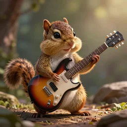 a high detail shot of an  Anthropomorphic chipmunk playing electric guitar, photorealism, volumetric lighting, epic lighting, artstation, hd