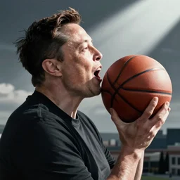 Elon Musk taking a bite out of a basketball