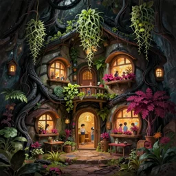 concept art painting of a interior of a cozy alien fantasy cottage, overgrown with plants, spiderplants, cozy warm happy habitat with black vines and magenta houseplants, round windows, realistic, detailed, cel shaded, dark, in the style of makoto shinkai and greg rutkowski and james gurney