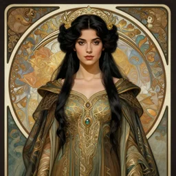 centered portrait, Maya Ali as a D&D sorcerer, black hair, intricate robes, Art Nouveau, beautiful retro Fantasy heroine 1985, intricate, elegant, highly detailed, centered, digital painting, trending on artstation, concept art, smooth, sharp focus, illustration, art by rt by Mucha, Ilya Kuvshinov, WLOP