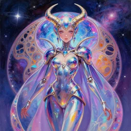 A cyborg prismatic amoeba eucaryote anime waifu as the ultimate tyrant emperor of the universe. Trending on ArtStation Trending on Pixiv. A vibrant digital oil painting. A highly detailed sci-fi fantasy character illustration by Wayne Reynolds and Charles Monet and Gustave Dore and Carl Critchlow and Bram Sels and Alphonse Mucha.