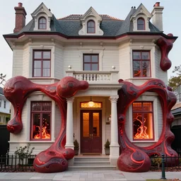 surreal gigantic sculptural blobs of lava coming out in smooth bulbous shapes from the front door and lower windows of an elegant three-storey 19th-century house, installation art by Max Ernst and René Magritte by industrial light and magic