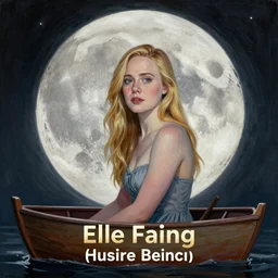Painting of Elle Fanning in front of the moon on a boat. Extremely detailed. 4K. Award winning.