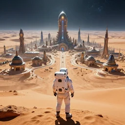 “ human astronaut wide shot picture from behind gaze in awe looking at an unknown vast alien city unknown planet high edifications intricate architecture desert sharp focus art detail lights cinematic hdr vibrant colors ”