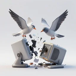 digital art of birds tearing apart old technology