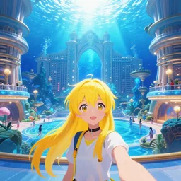 a yellow haired anime girl selfie inside interior huge clean architecture, bright blue, digital art, royal atlantis underwater palace, a lot of lights and people, magical fantasy and vibrant, olympics, trending on artstation