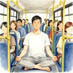 ultra detailed digital pencil and watercolors and illustration of meditating on a crowded bus by wes anderson, tim burton, tomm moore, jean pierre jeunet ; 4 k 8 k hd high resolution ;