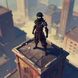 a lunarpunk ninja on the roof of a building overhead view, digital art, trending on artstation, behance, deviantart
