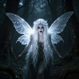 a horrific, helpless, wicked, malificent, beautiful fairy with brightly shining wings and long white hair imprisoned in a very dark nearly lightless, sombre, horrific forest, wandering around