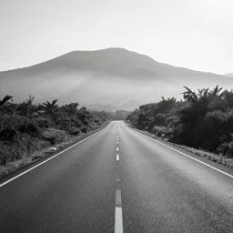 realistic photo, empty road, mountains, island, empty, vegetation, light fog, sunbeam's, black and white