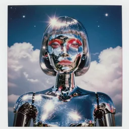 analog polaroid portrait of an attractive chrome female robot, Hajime Sorayama style, symmetrical facial features, sheen, red reflections, unreal engine, azure sky, big clouds visible, sunlight, reflection, sparkles, space, stars, nebula, lensflare, film grain, depth of field, color bleed