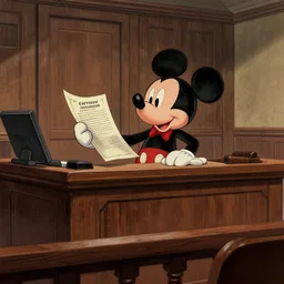 detailed background courtroom sketch of vintage disney character lawyer mickey mouse presenting evidence of copyright infringement to the judge bench court room wooden serious dark tone