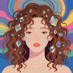 a colorful vibrant closeup portrait of a simple caucasian woman made of crystal with curly mid length brown hair with a calm afraid aesthetic face broken reflections dreamy vibes and dreaming psychedelic hair, by kawase hasui, moebius, edward hopper and james gilleard, zdzislaw beksinski, steven outram colorful flat surreal design, hd, 8 k, artstation