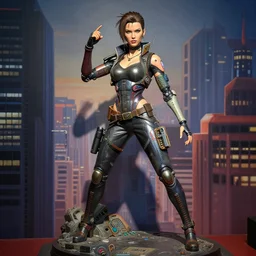 ultra realistic painted sculpture of very beautiful cyberpunk woman. realistic waxwork. detailed lifelike. full body. beautiful. very attractive. wow. stunning. punk. comic book inspired. professional cosplay. painted model. action pose. electronics. futuristic tech. city backdrop