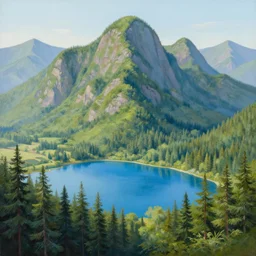 painting of a fractal mountains landscape with a blue lake and a dense pines forest, a detailed matte painting by christophe vacher, matte painting, ultra detailed, matte drawing
