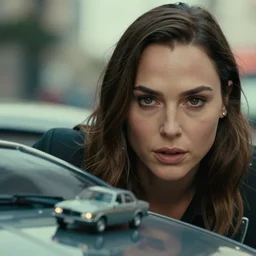 beautiful hyperrealism three point perspective film still of gal gadot car chase in matrix, extreme closeup portrait in style of frontiers in sixtscale miniature photography fashion edition, miniature portrait, eye contact, tilt shift style scene background, soft lighting, kodak portra 4 0 0, 8 k, macro, cinematic style by emmanuel lubezki