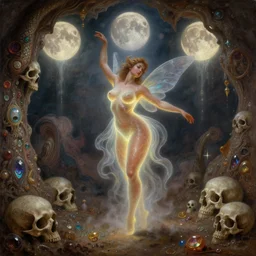 concept art of translucent glowing curvy buxom brown fairy dancing, renaissance, flowy, booty, melting, round moons, rich clouds, very detailed, volumetric light, mist, fine art, decaying, textured oil over canvas, epic fantasy art, very colorful, ornate intricate scales, walls and floor of cave made of skulls, fractal gems, 8 k, hyper realistic