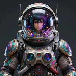a cyberpunk astronaut, symmetrical bust, and the helmet is fishbowl, hyper detailed, colorful palette, masterpiece, ornate dark, suehiro moaruo, katsuhiro otomo, shintaro kago, cgsociety, octane render, ambient light