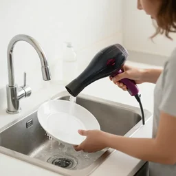 woman blow drying dishes in the sink