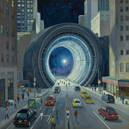 intergalactic stargate portal in the middle of a bustling city, with cars and people going about their business oblivious to the strange thing in their midst by john howe and dorothea tanning, style of emeralds