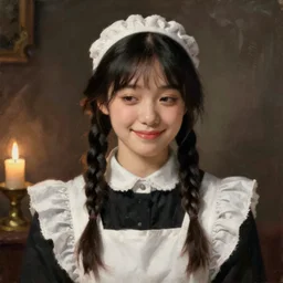 a ((sadly)) (((smiling)))) black haired, young hungarian servantmaid from the 19th century who looks very similar to ((Lee Young Ae)) with a two french braids, detailed, soft focus, candle light, realistic oil painting by   John Everett Millais, Henry Meynell Rheam, Munkácsy, Csók István, and da Vinci
