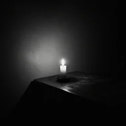 a very dark room at night lit only by candlelight, black and white, grungy