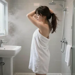 Tohsaka Rin wearing a towel, drying her hair in the steam-filled bathroom, full-body, side view, realistic digital art, trending on artstation