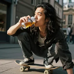 long haired Asian man skating and drinking a Jupiter beer in Brussels