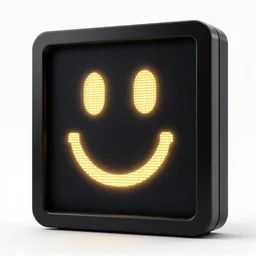 black neutral smiley face electronic led monitor, doom, warning sign, unsettling, flash photo, hyperrealism, 8 k