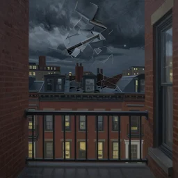 full color ultra realistic painting of a balcony view of 1 9 2 5 boston downtown with a broken and distorted sky, dark, brooding, night, atmospheric, ultra - realistic, smooth, highly detailed