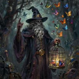 wizard holding a cage, with a swarm of butterflies fluttering out, digital 2d fantasy art, ominous oil painting