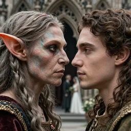 closeup profile medieval nicoletta ceccoli, mark ryden, lostfish, hyung tae, frank frazetta, face portrait of medieval goblin and kate moss marriage portrait, depth of field, detailed and intricate gothic environment, 8 k resolution, hyperrealistic, octane render