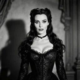 b & w photo of morticia addams as played by carrie fisher