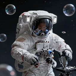 a cinematic portrait of an astronaut entering the micro atom realm of the multiverse of bubbles with a tiny micro spaceship, cinematic lighting, under a microscope, trending on Artstation, highly detailed, insane details