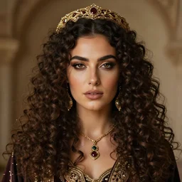 vintage arabian gothic, curly haired woman, highly detailed face, highly realistic