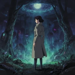 a high definition screenshot from the haunting and surreal science fiction anime anime anime film ; a lone lone single alone!!!!!!! female detective wearing a trenchcoat investigates a strange and ethereal dreamworld, digital painting by ( makoto shinkai ), moebius moebius, surrealism, trending on artstation