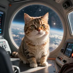 space cat piloting cabin, by makoto shinkai, greg rutkowski, artstation, high detailed, cgsociety,