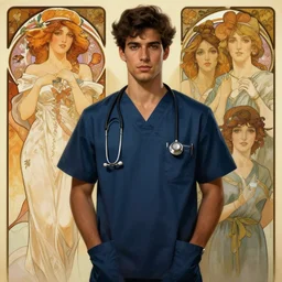 handsome young man with black medical, half body shot, path traced, highly detailed, high quality, digital painting, alena aenami, lilia alvarado, shinji aramaki, karol bak, alphonse mucha, tom bagshaw
