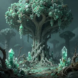 a beautiful highly detailed matte painting of an alien planet with giant dead and intricate trees with crystals made of jade in a desolate forest with teal colors by Jose Daniel Cabrera Pena and Leonid Kozienko, Noah Bradley concept art