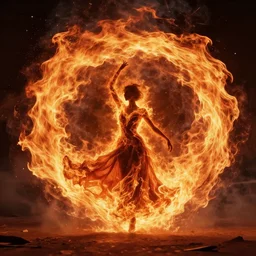 a dancer in silhouette wearing a flowing gown made of fire, engulfed in a whirling fire tornado firestorm, emitting smoke and sparks, fantasy, cinematic, fine details by realistic shaded lighting poster by ilya kuvshinov katsuhiro otomo, magali villeneuve, artgerm, jeremy lipkin and michael garmash and rob rey