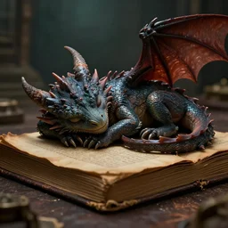 A tiny dragon sleeping on an old dusty magic book, dramatic lighting, cinematic, establishing shot, extremely high detail, foto realistic, cinematic lighting, post processed, concept art, high details, cinematic, 8k resolution, beautiful detailed, photorealistic, digital painting, artstation, concept art, smooth, sharp focus, artstation trending, octane render, unreal engine