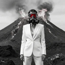 woman with white suit, she wear red eyed gasmask, in volcano, standing close to volcano, fire raining, professional photography, black and white, cinematic, eerie