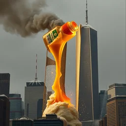 9 1 1 a syrup bottle crashing into the twin towers made of pancakes