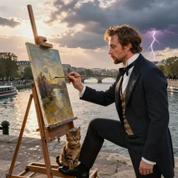 mcgregor is dressed as a gentleman at early 2 0 th century paris. he is watching an easel. that easel has a canvas on it. ewan mcgregor has a brush on his hand. he is painting a painting. there is a small brown cat with yellow eyes on ewan mcgregors feet. on background has river seine, morning sun, dark clouds, lightning, by william - adolphe bouguereau