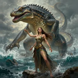A beautiful female sorceress in front of a giant lizard monster about to do battle, monster rises from the sea, detailed, golden ratio, digital painting, artstation, concept art, James Gurney, Frank Frazetta, Boris Vallejo, stunning image, detailed, hyperrealistic,