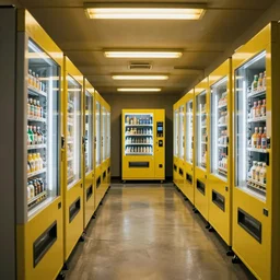 liminal space with rows of vending machine, yellow fluorescent light, very photorealistic, detailed