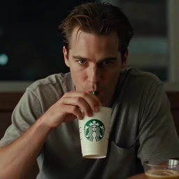 A close-up, color cinema film still of a marlin monroe drinking coffee at a starbucks, ambient lighting at night, from Matrix(1999).