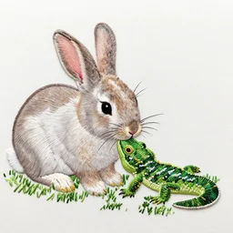 “a rabbit eating a lizard, embroidery”