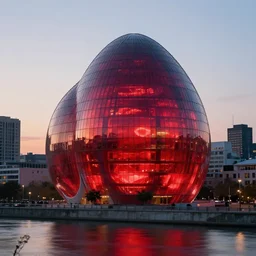 A beautiful architectural rendering of a blob shaped trypophobia house with a mysterious red glow emitting from inside in a modern city next to a river, stunning, gorgeous, golden ratio, photorealistic, featured on artstation, 4k resolution